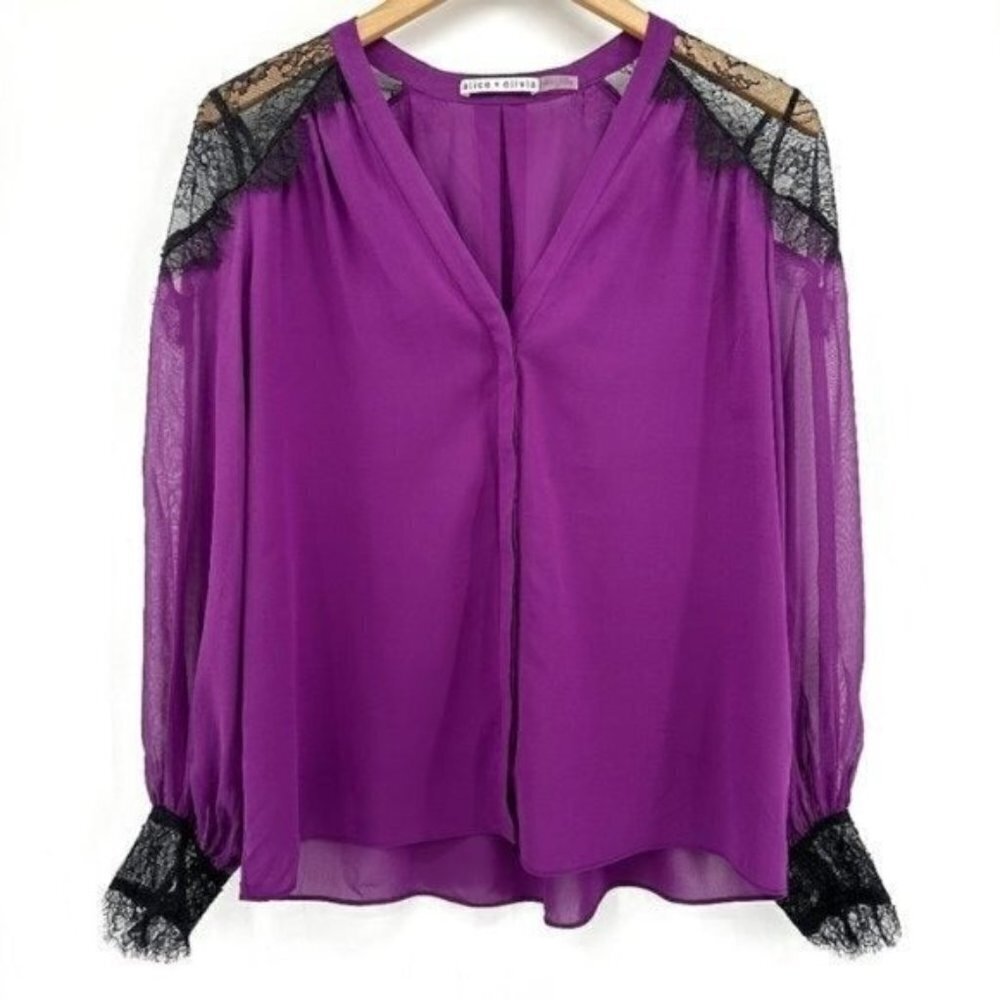 Alice + Olivia Purple Long Sleeve Lace Silk Semi Sheer Button Front Small Blouse